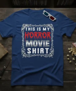 This is my Horror Movie Shirt design featuring distressed red text for "Horror" and metallic silver for "Movie Shirt" within