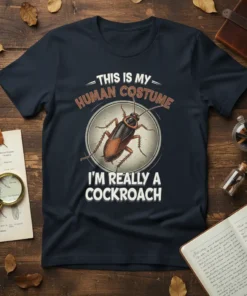This is my human costume I'm really a cockroach quote on a navy blue t-shirt with a graphic of a