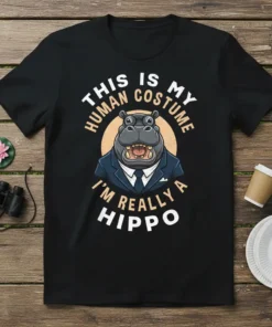 This Is My Human Costume I'm Really A Hippo text on a black t-shirt with a cartoon hippo wearing a