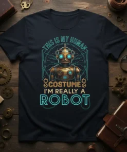 This Is My Human Costume I'm Really A Robot quote on a t-shirt with a vintage robot graphic