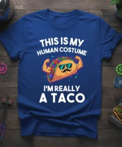 This Is My Human Costume I'm Really A Taco funny graphic tee with a muscular taco illustration and bold white