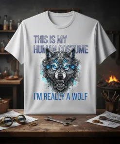This Is My Human Costume I'm Really A Wolf t-shirt design with a detailed steampunk wolf graphic and blue accents