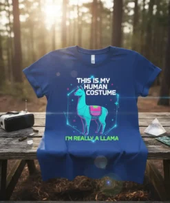 This is my human costume I'm really a llama quote with a teal llama graphic on a navy blue t-shirt