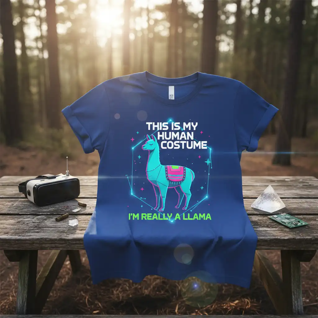 This is my human costume I'm really a llama quote on a t-shirt with a stylized llama graphic