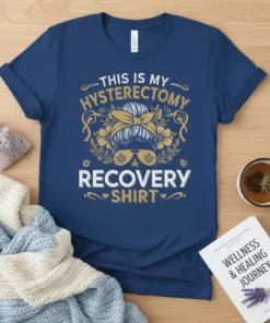 Hysterectomy recovery shirt with "THIS IS MY HYSTERECTOMY RECOVERY SHIRT" text, messy bun, sunglasses, and floral graphics