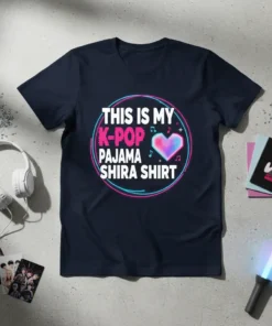 Navy t-shirt with "THIS IS MY K-POP PAJAMA SHIRA SHIRT" text and a neon heart graphic, surrounded by musical notes