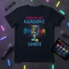 Black t-shirt with "THIS IS MY KARAOKE SHIRT" text and a vintage microphone graphic with colorful sound waves