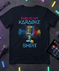 Black t-shirt with "THIS IS MY KARAOKE SHIRT" text and a vintage microphone graphic with colorful sound waves