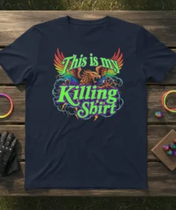 This is my Killing Shirt quote with a rainbow-winged eagle graphic on a navy t-shirt