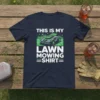 Navy t-shirt with "THIS IS MY LAWN MOWING SHIRT" text and a graphic of a robot lawn mower