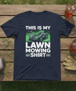 Navy t-shirt with "THIS IS MY LAWN MOWING SHIRT" text and a graphic of a robot lawn mower