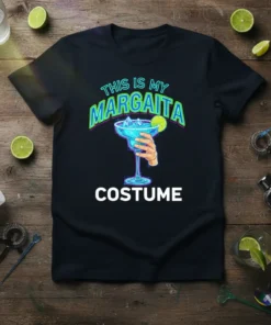 This Is My Margarita Costume text with a blue margarita glass graphic on a black t-shirt