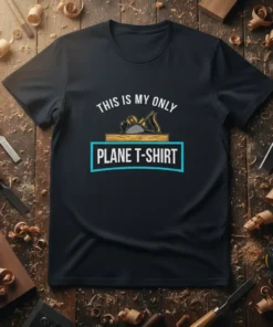 Black t-shirt with "THIS IS MY ONLY PLANE T-SHIRT" text and a vintage wood plane graphic