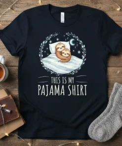 This is My Pajama Shirt quote with cute sleeping sloths graphic, perfect for bedtime and lounging