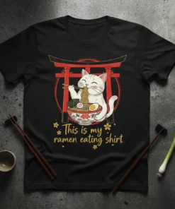 This is my ramen eating shirt graphic featuring a white cat eating ramen under a torii gate
