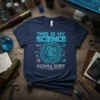 This is My Science Pajama Shirt design with scientific formulas, gears, and planets in blue on a navy t-shirt