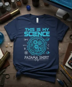 This is My Science Pajama Shirt design with scientific formulas, gears, and planets in blue on a navy t-shirt