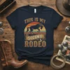 Retro vintage sunset design with a horse and "This Is My Second Rodeo" text on a navy t-shirt