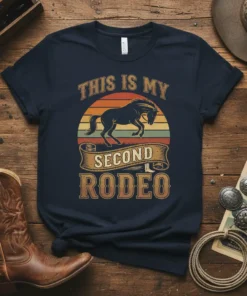 Retro vintage sunset design with a horse and "This Is My Second Rodeo" text on a navy t-shirt