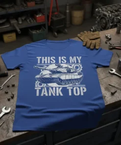 This Is My Tank Top t-shirt design featuring a detailed illustration of a tank with gears and bold white text