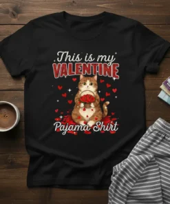 Black t-shirt with "This is my VALENTINE Pajama Shirt" text and a cute cat holding a rose basket, surrounded by