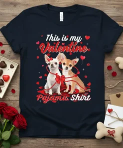 This is my Valentine Pajama Shirt design with two Chihuahuas tied with a red bow, surrounded by hearts and confetti