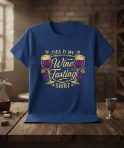 Blue t-shirt with gold text "THIS IS MY Wine Tasting SHIRT" and graphics of wine glasses and grapes