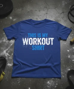 This Is My Workout Shirt text design in white and blue on a royal blue t-shirt, with gym equipment in