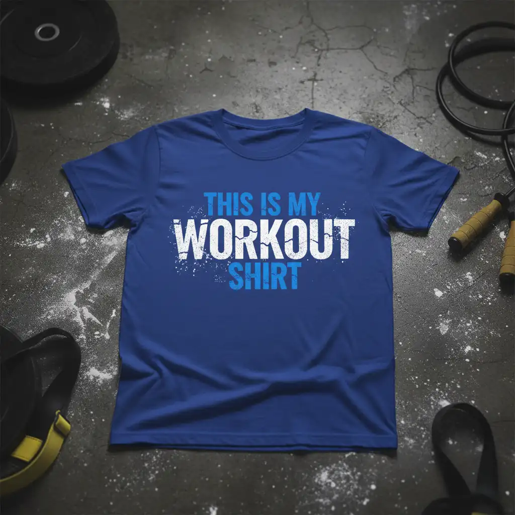 THIS IS MY WORKOUT SHIRT text design on a royal blue t-shirt, perfect for gym enthusiasts