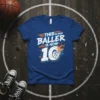 Blue t-shirt with "THIS IS NOW BALLER IS NOW 10" text and basketball graphic, perfect for a 10th birthday celebration