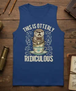 Graphic t-shirt design with the text "THIS IS OTTERLY RIDICULOUS" and an otter in teacups