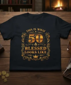This Is What 50 & Blessed Looks Like t-shirt with gold ornate design and number 50 graphic