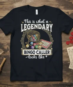 This is what a LEGENDARY BINGO CALLER looks like text with bingo cage and balls graphic on black t-shirt