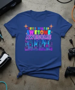 This Is What An Awesome Awesome retro city skyline graphic tee with neon text and stars