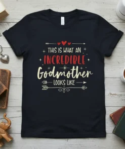 This Is What An Incredible Godmother Looks Like text design on a black t-shirt, featuring red hearts and cream-colored typography