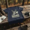 Deer with thumbs down graphic and text "THIS IS, A BIG NONO AROUND HERE" on a navy blue t-shirt for