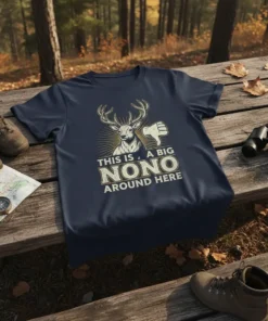 Deer with thumbs down graphic and text "THIS IS, A BIG NONO AROUND HERE" on a navy blue t-shirt for
