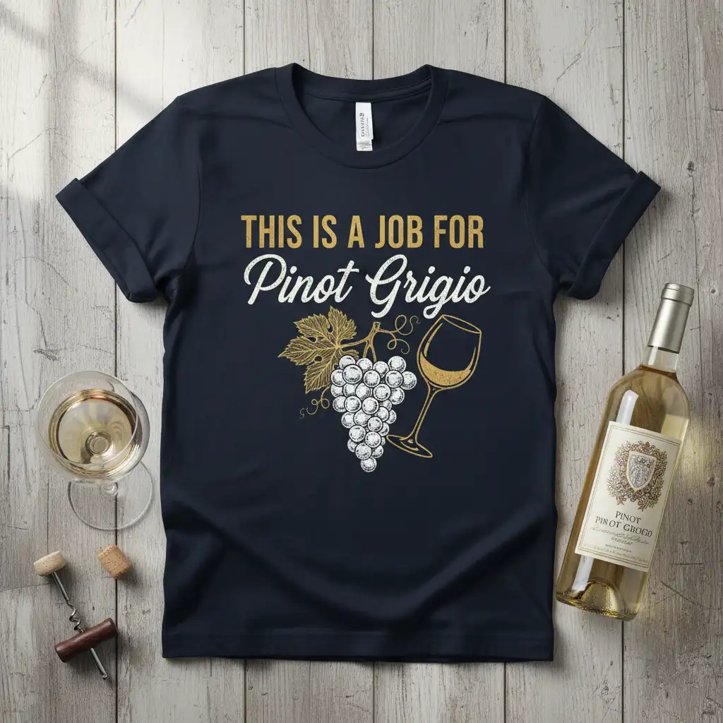 THIS IS A JOB FOR Pinot Grigio text with grape and wine glass graphic on dark tee