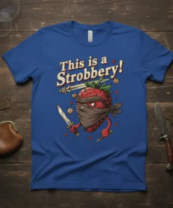 This is a Strobbery! text with a ninja strawberry holding knives and coins, blue t-shirt design