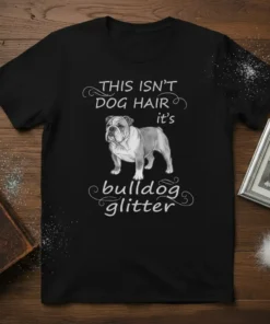 Black t-shirt with the text "THIS ISN'T DOG HAIR it's bulldog glitter" and a drawing of an English Bulldog
