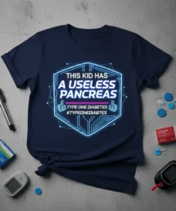 Navy t-shirt with bold neon blue text: "THIS KID HAS A USELESS PANCREAS" and "#TYPEONEDIABTES" with thumbs up graphics