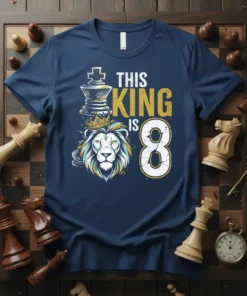 This King Is 8 birthday t-shirt design with a lion, chess king, and the number 8 graphic