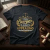 Black t-shirt with gold text: "THIS LAWYER IS ALWAYS APPEALING" and scales of justice graphic