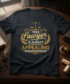 Black t-shirt with gold text: "THIS LAWYER IS ALWAYS APPEALING" and scales of justice graphic