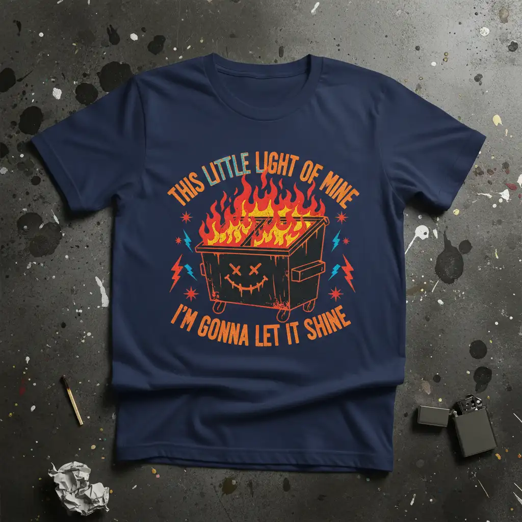 This Little Light of Mine I'm Gonna Let It Shine quote on a burning dumpster graphic t-shirt