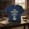 This Machine Kills Fascists text with acoustic guitar graphic on a navy blue t-shirt