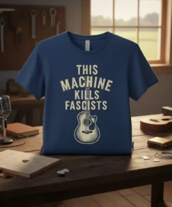 This Machine Kills Fascists text with acoustic guitar graphic on a navy blue t-shirt