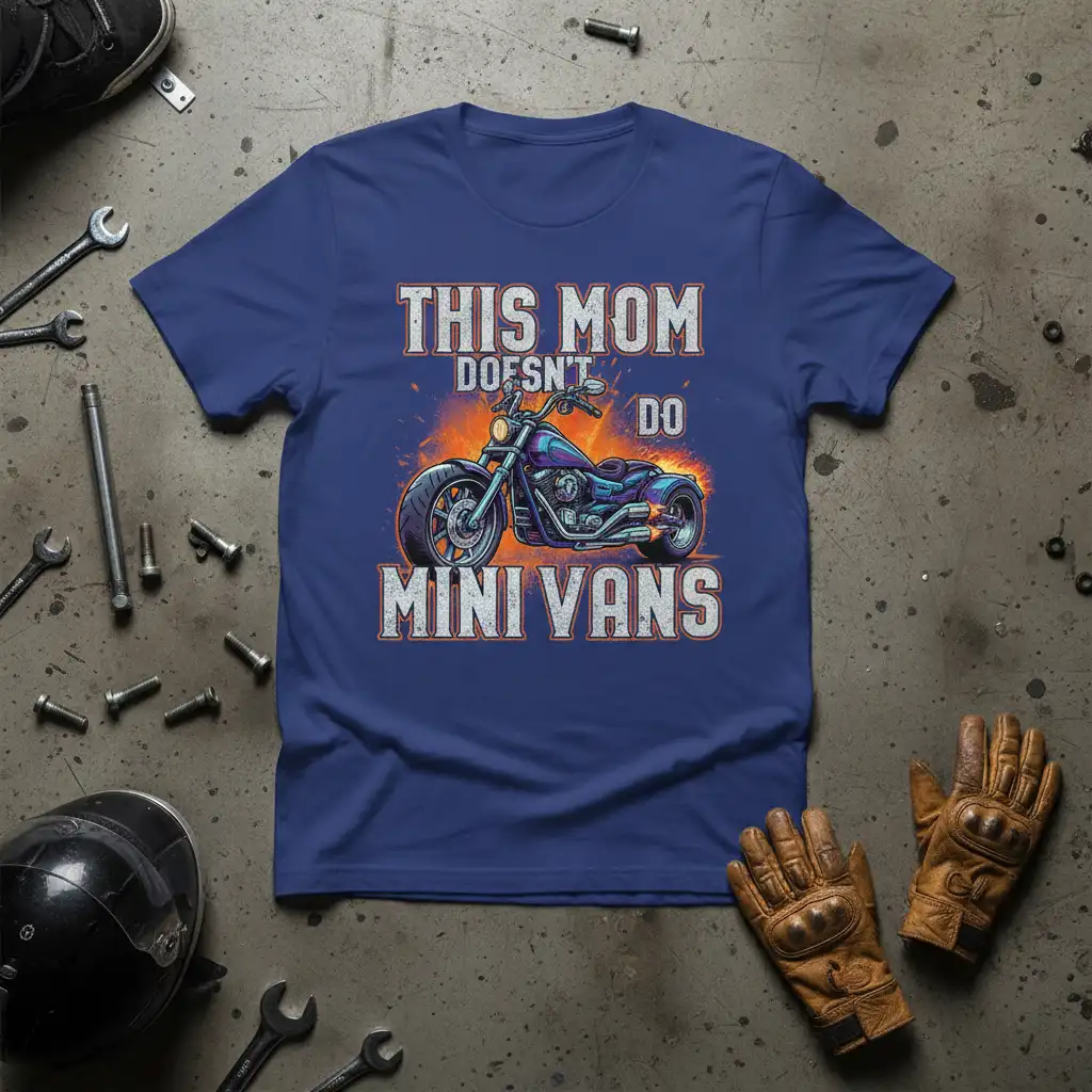 This Mom Doesn't Do Mini Vans quote with a custom motorcycle and flame graphic on a t-shirt
