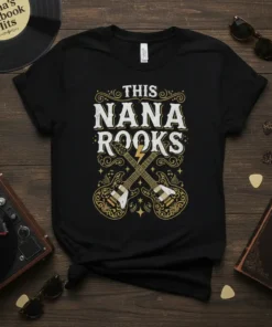 Black t-shirt with "THIS NANA ROCKS" text and crossed electric guitars graphic
