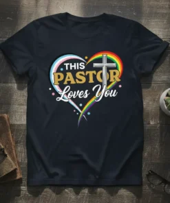T-shirt with text "THIS PASTOR Loves You" inside a heart with rainbow and transgender pride flag colors and a silver